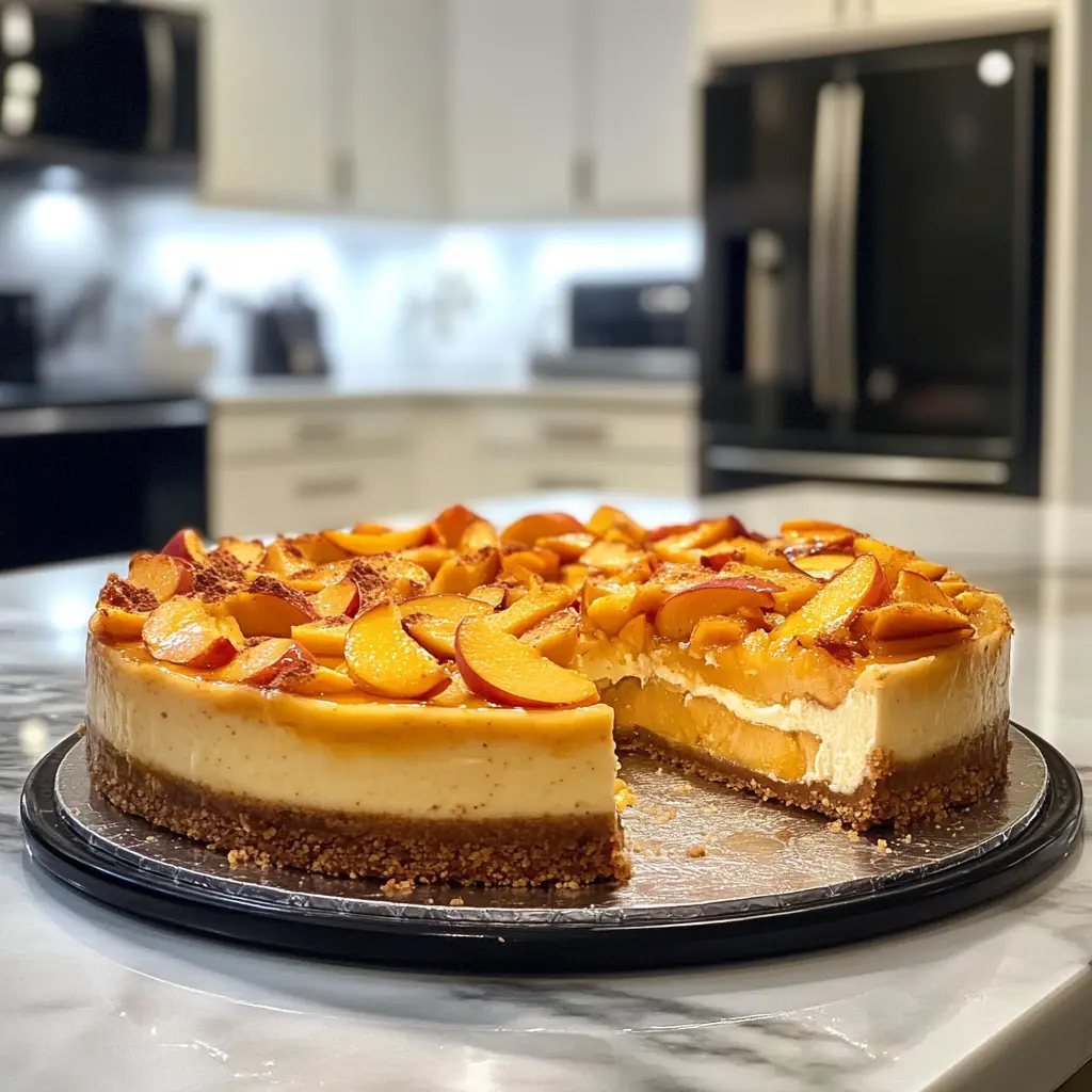 Peach cheesecake with a smooth creamy filling and crumb crust.