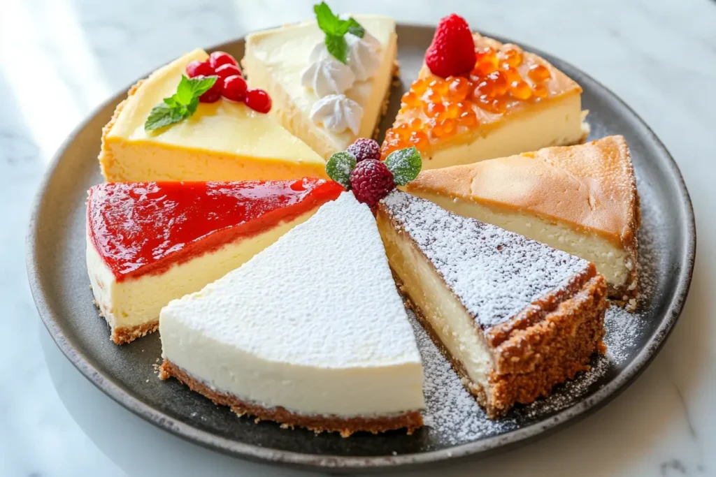 A round platter with cheesecake slices and various toppings like berries and powdered sugar.