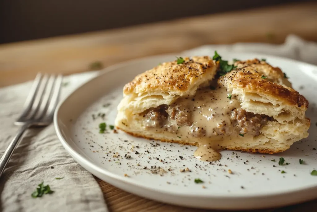 Air fryer biscuit served with white sausage gravy on a rustic plate