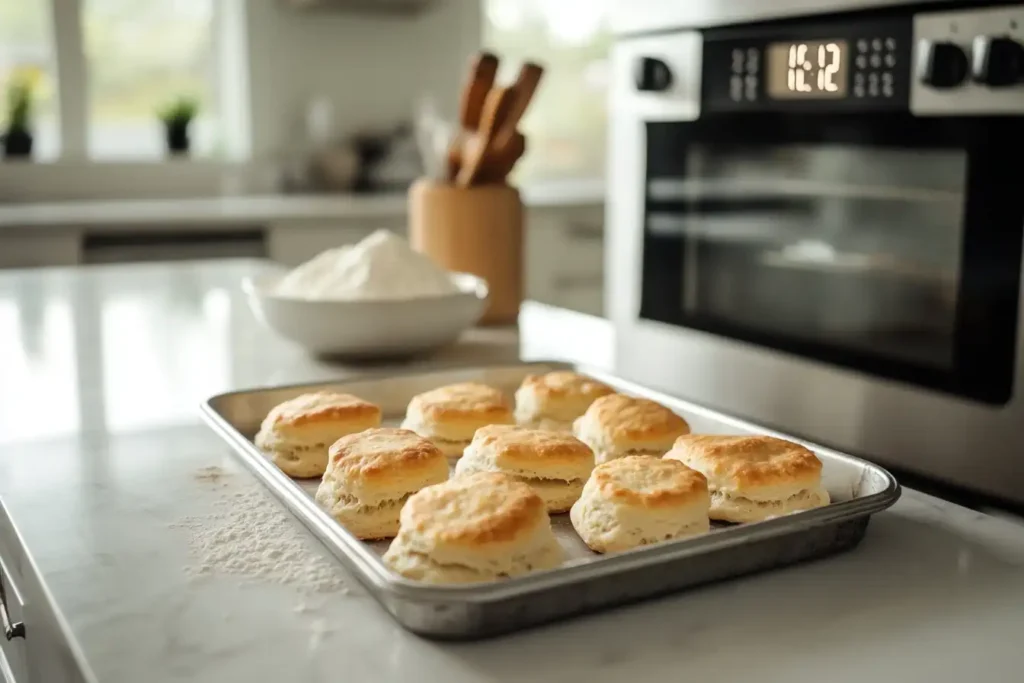 Freshly baked canned biscuits on a tray.