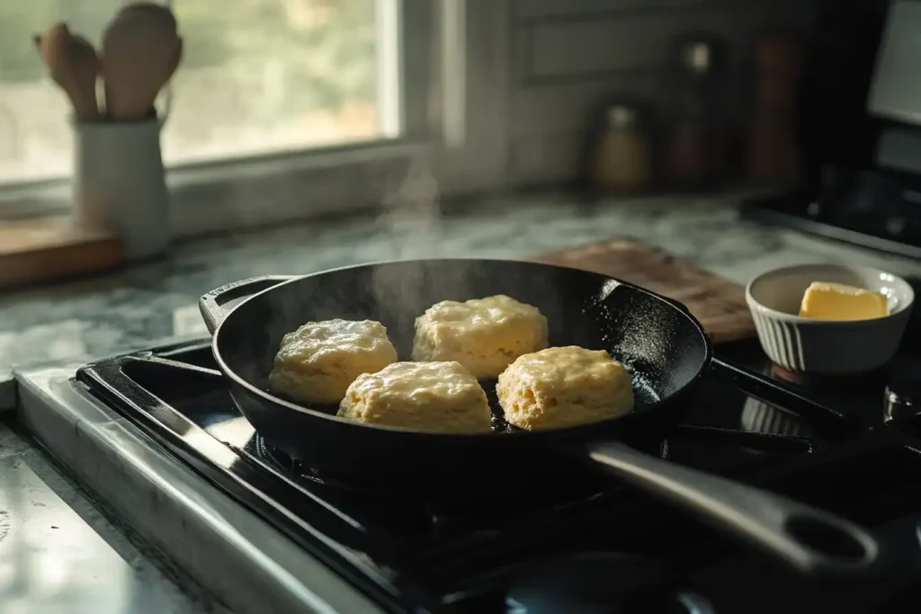  Canned biscuits cooking in a cast-iron skillet.