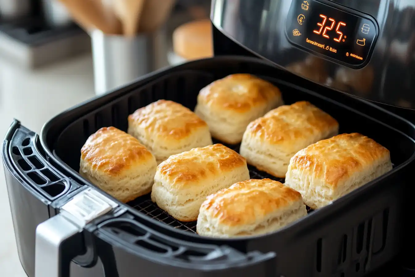 Golden canned biscuits cooking in an air fryer.