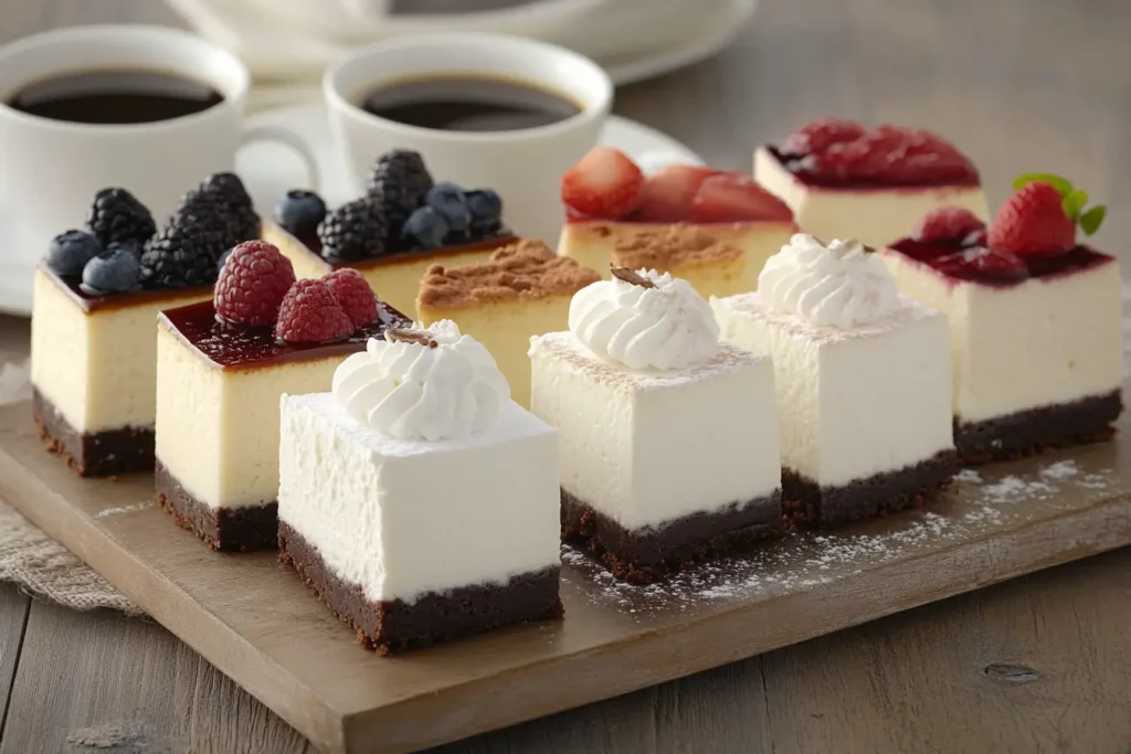 Assorted cheesecake slices with berries, cream, and coffee.