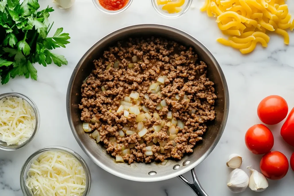 Ground beef and onions cooking in a skillet with fresh ingredients