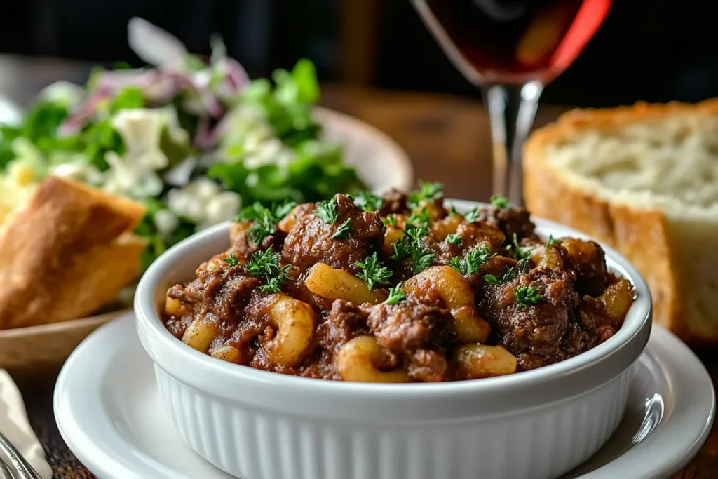  A plate of Beefaroni with Caesar salad and garlic bread.