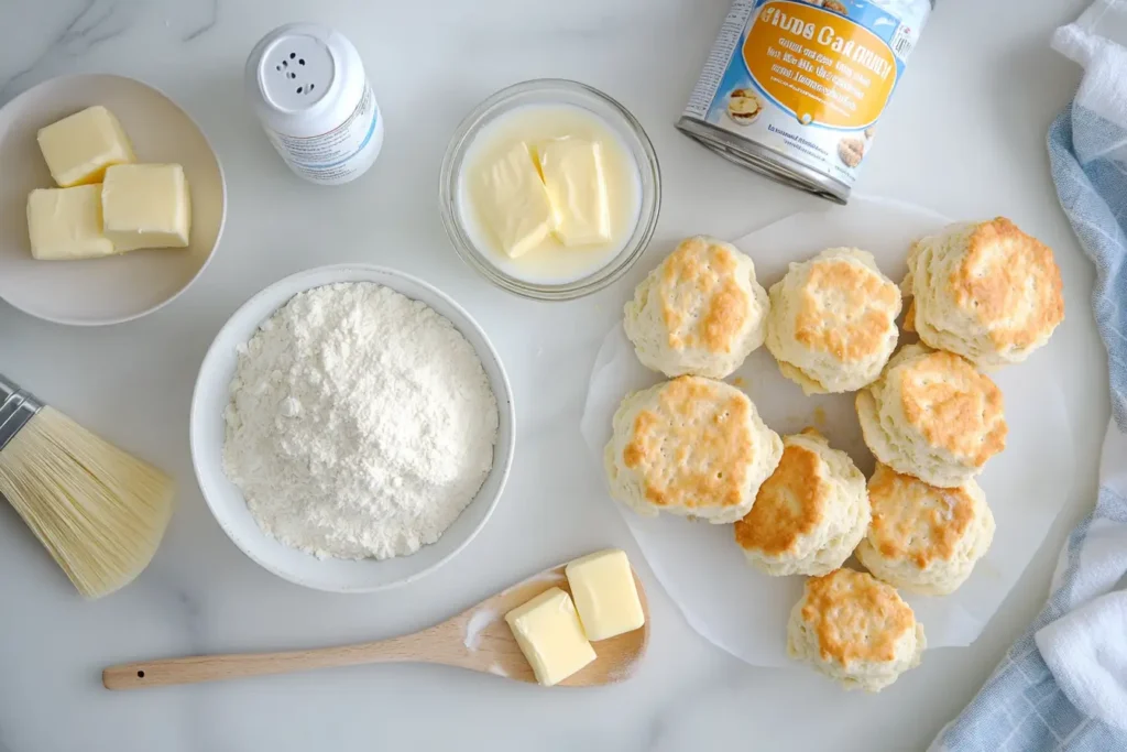 Air fryer biscuit ingredients including flour, butter, buttermilk, and canned biscuits on a white counter