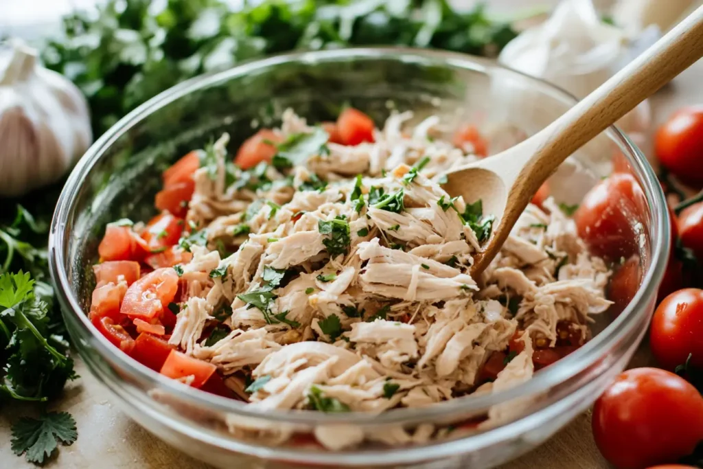 Shredded chicken, diced tomatoes, and cilantro in a glass bowl with a wooden spoon