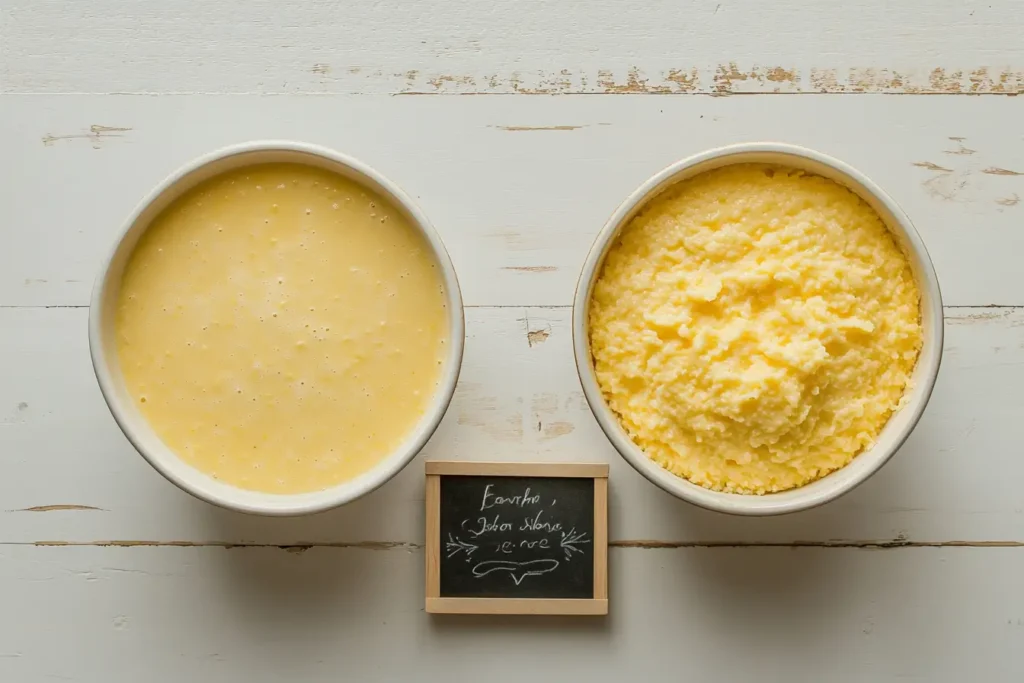 Two mixing bowls showing cornbread batter side by side—one made with buttermilk and one with regular milk.