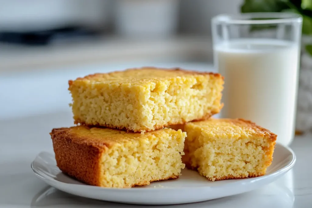 A plate of square-cut cornbread with a glass of regular milk on a clean kitchen counter.