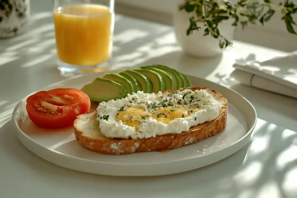 Plate of cottage cheese eggs toast with avocado, sliced tomato, and a glass of orange juice on a sunny table