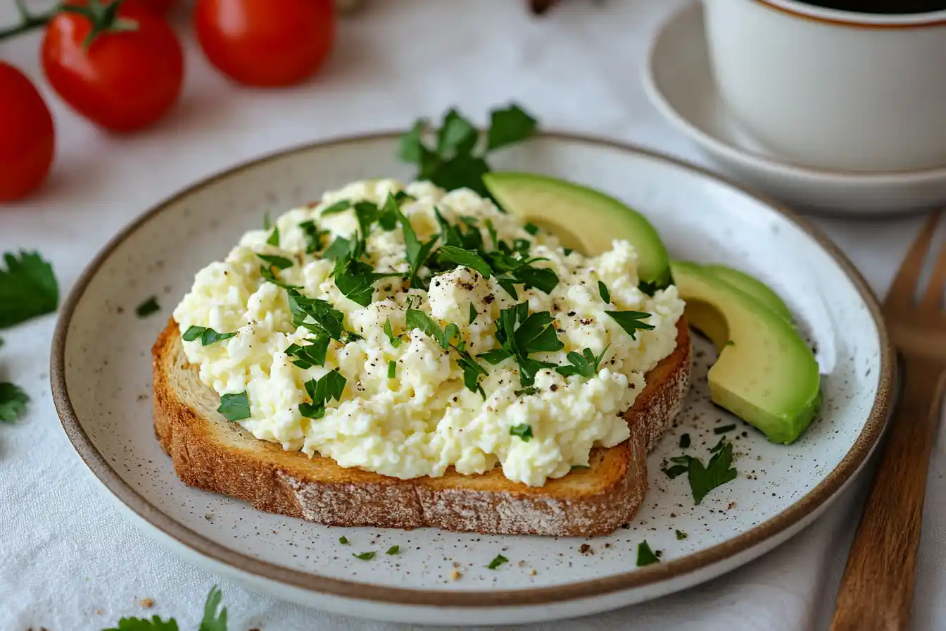 Plate of cottage cheese eggs toast with avocado slices and parsley garnish.