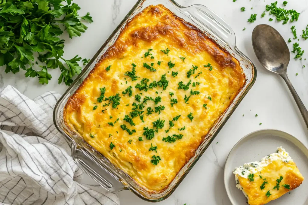 Golden-brown cottage cheese casserole with parsley garnish.