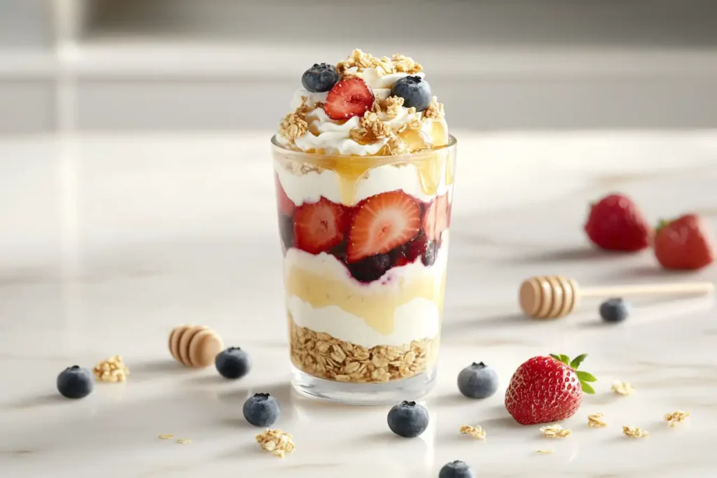 Cottage cheese parfait with layers of fruit and granola.