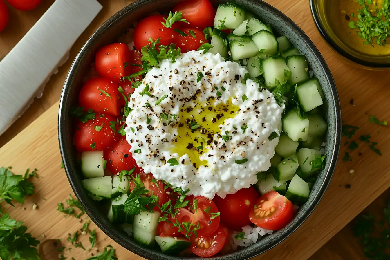 Fresh salad bowl with cottage cheese, tomatoes, and cucumbers.