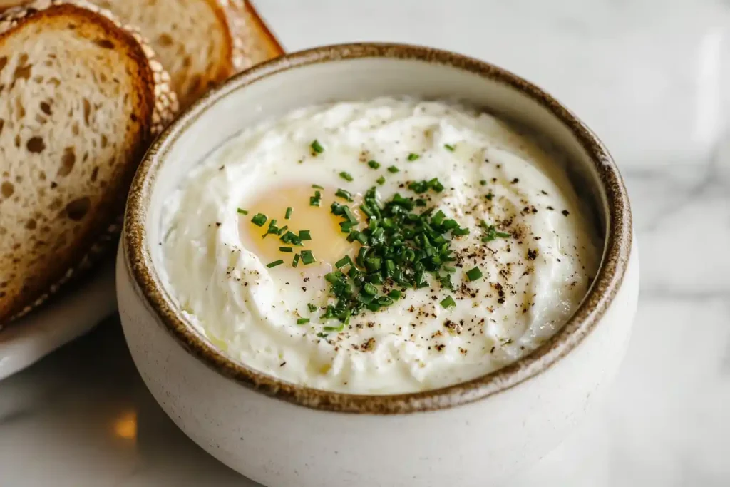 Close-up of creamy cottage cheese eggs topped with fresh chives in a bowl, served with sliced bread on the side