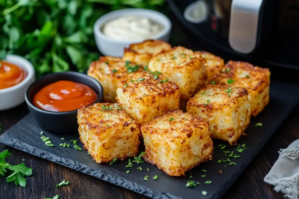 Golden, crispy air fryer hash browns served with ketchup and aioli on a black slate plate.