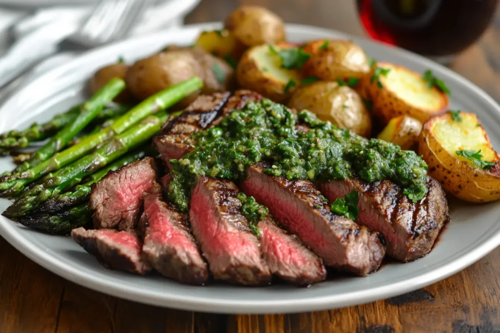 Sliced Denver steak served with chimichurri, potatoes, and asparagus.