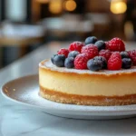 French-style cheesecake with fresh berries and powdered sugar on a white plate