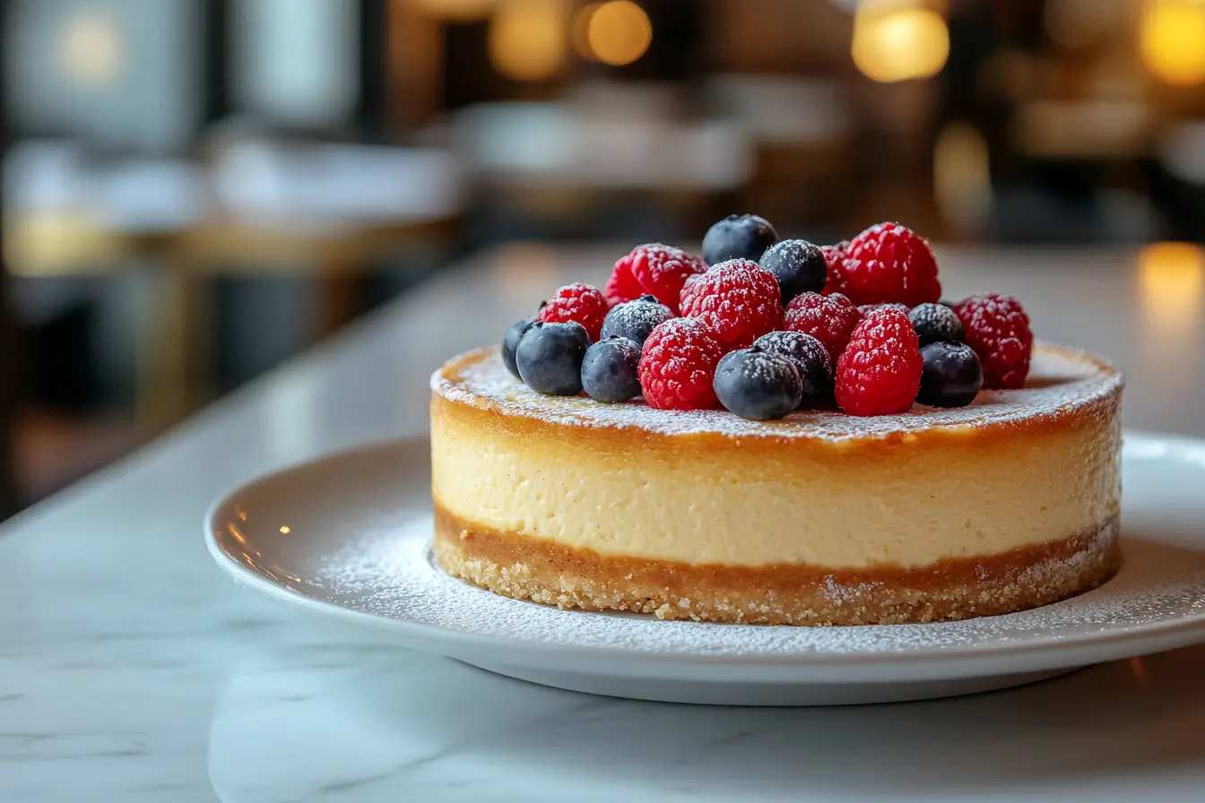 French-style cheesecake with fresh berries and powdered sugar on a white plate
