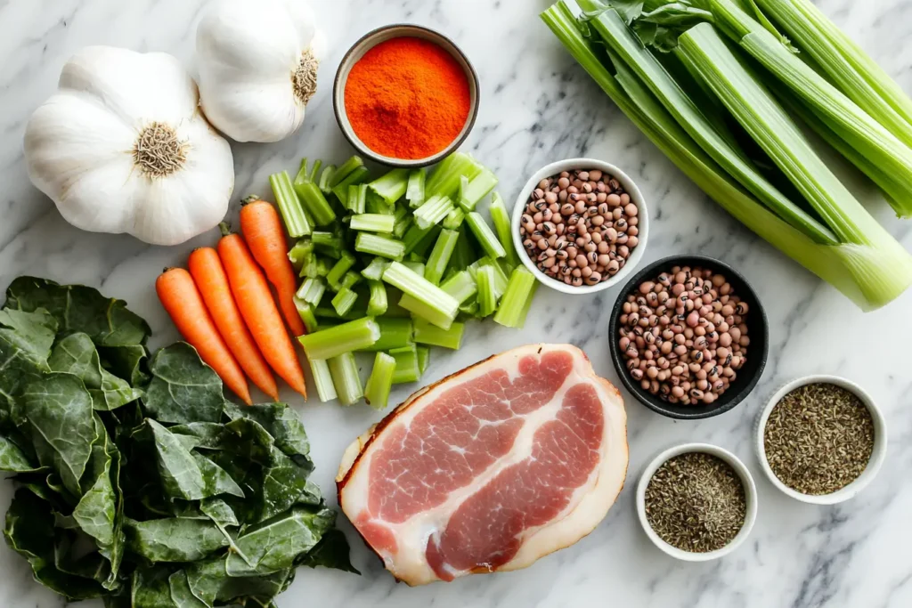 Ingredients for black-eyed pea soup including black-eyed peas, vegetables, and spices