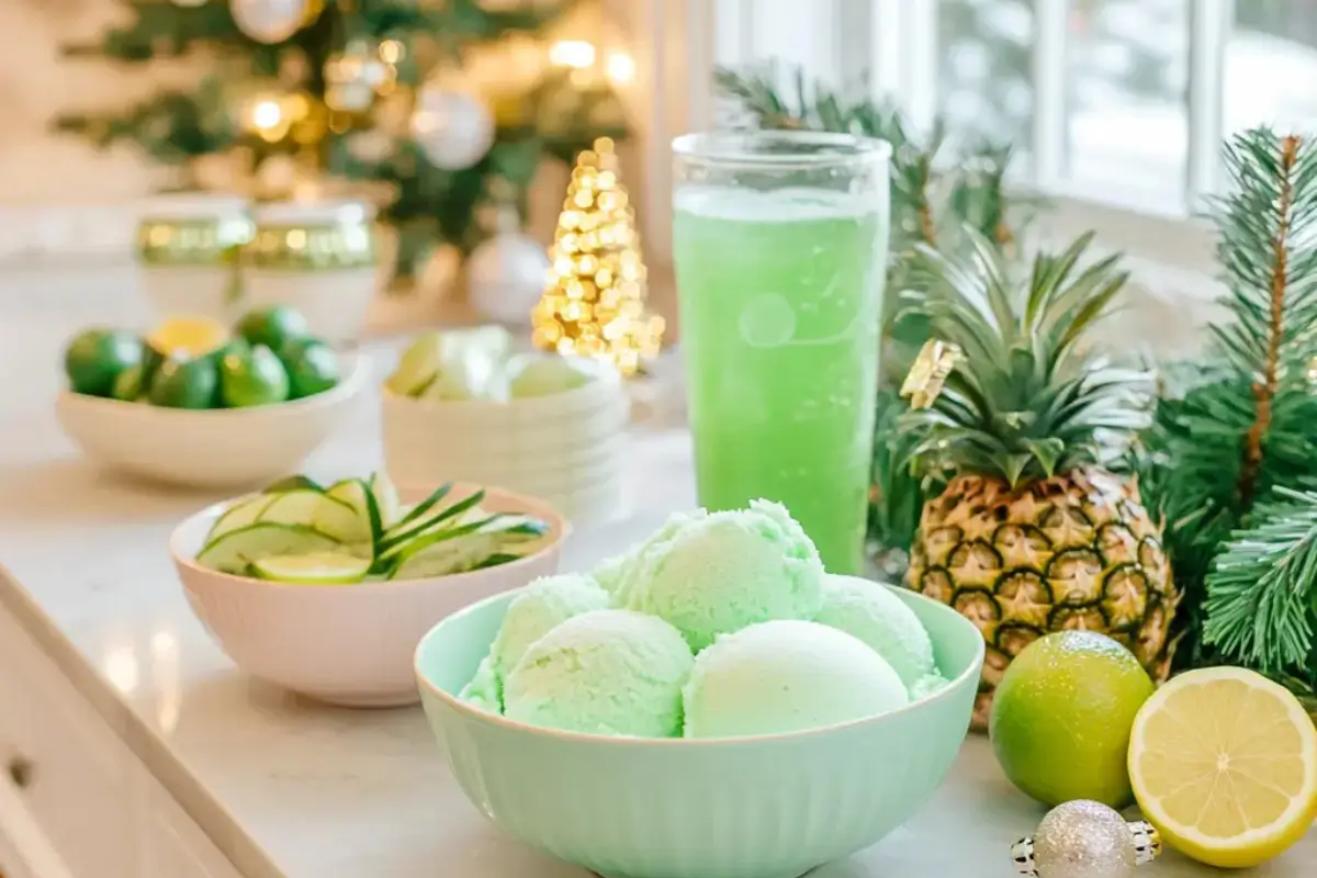 A festive kitchen setup featuring ingredients for Grinch Punch, including lime sherbet, fresh pineapple, lemons, limes, and a glass of green punch, with holiday decorations in the background.