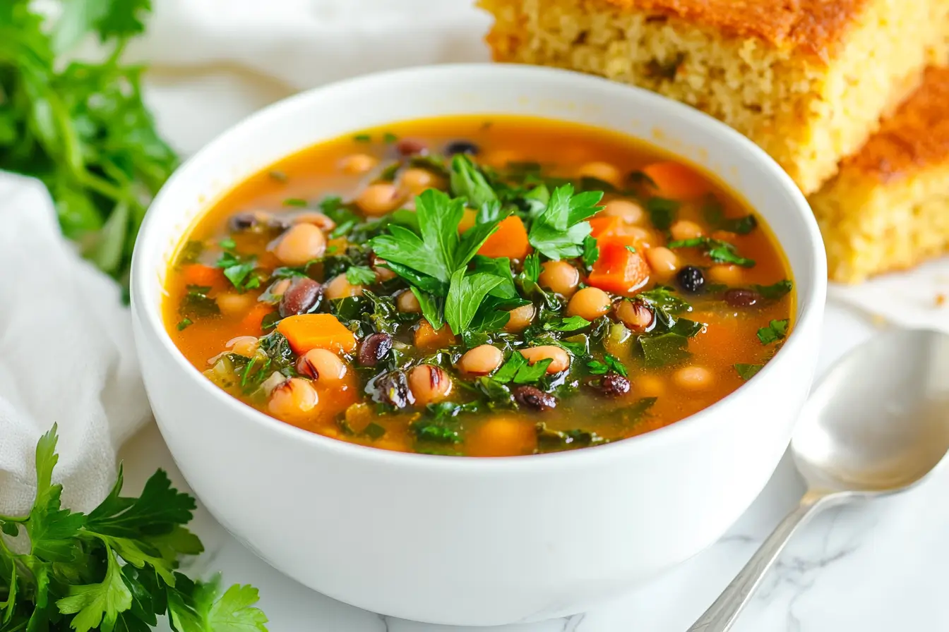 A beautifully styled bowl of black-eyed pea soup on a white marble table, garnished with fresh parsley and served with golden cornbread