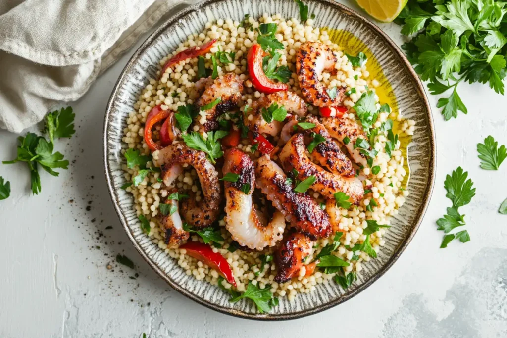 How do you cook calamari steaks from Costco? Grilled calamari with couscous and vegetables.