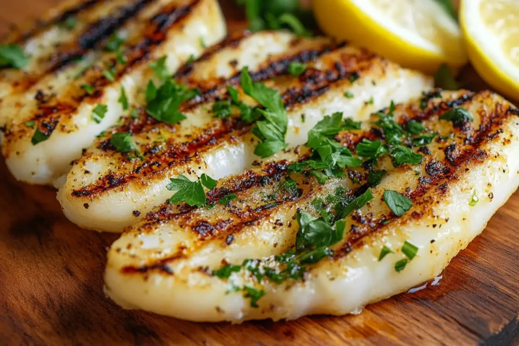 Grilled calamari steaks from Costco garnished with parsley.