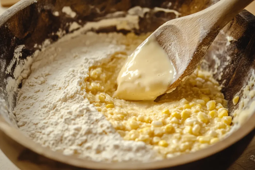 A wooden spoon stirring thick, golden cornbread batter in a mixing bowl with buttermilk being poured in.