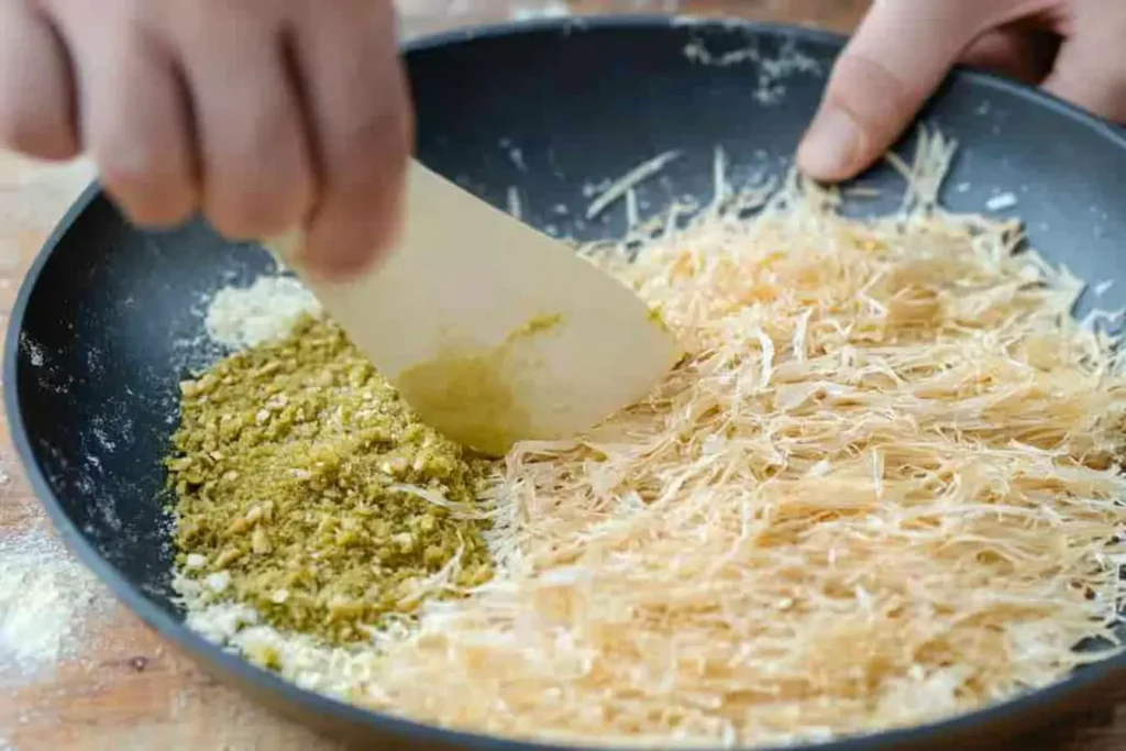 Close-up of hands mixing kataifi pastry and pistachio filling in a black pan.