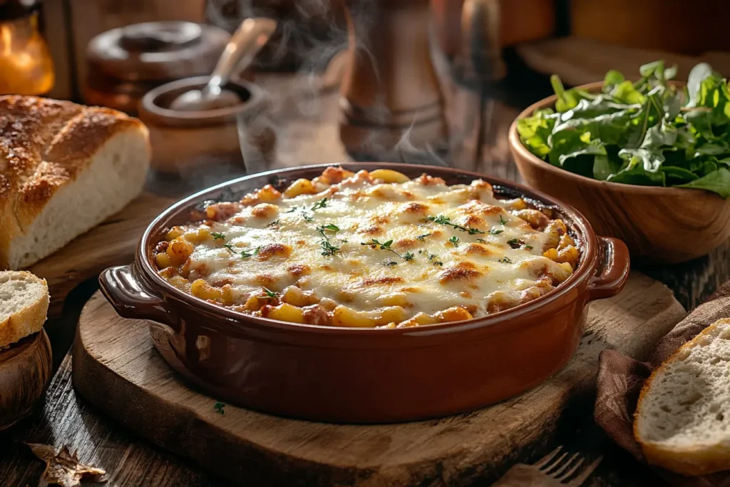 Golden baked Beefaroni served with garlic bread and salad.