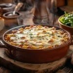 Golden baked Beefaroni served with garlic bread and salad.