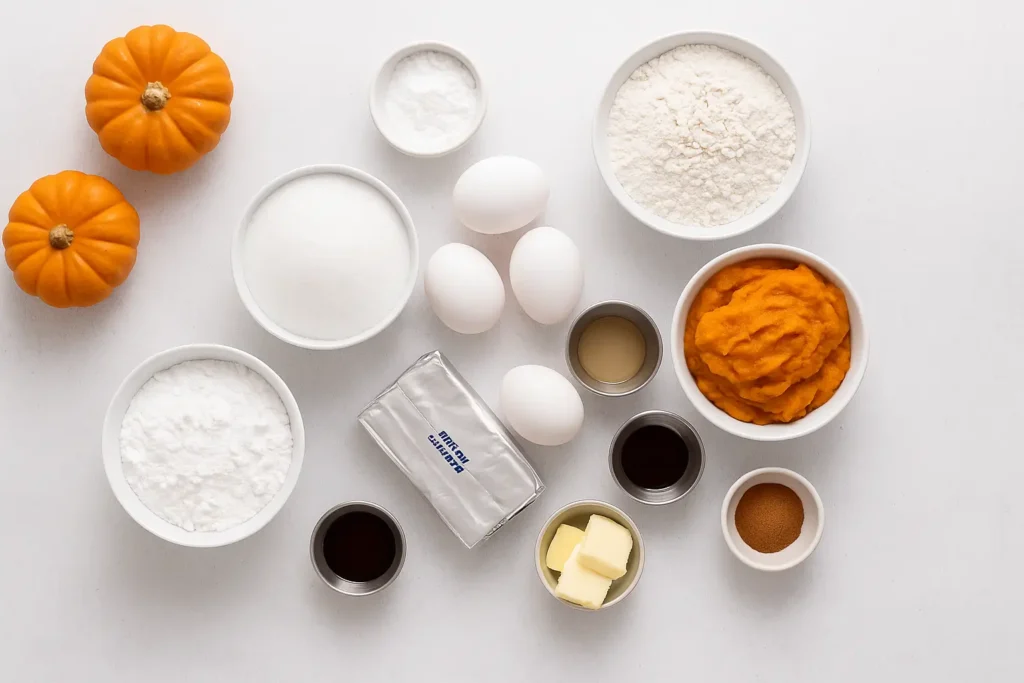 Flat lay of Libby’s pumpkin roll ingredients including eggs, sugar, flour, butter, pumpkin purée, and cream cheese.