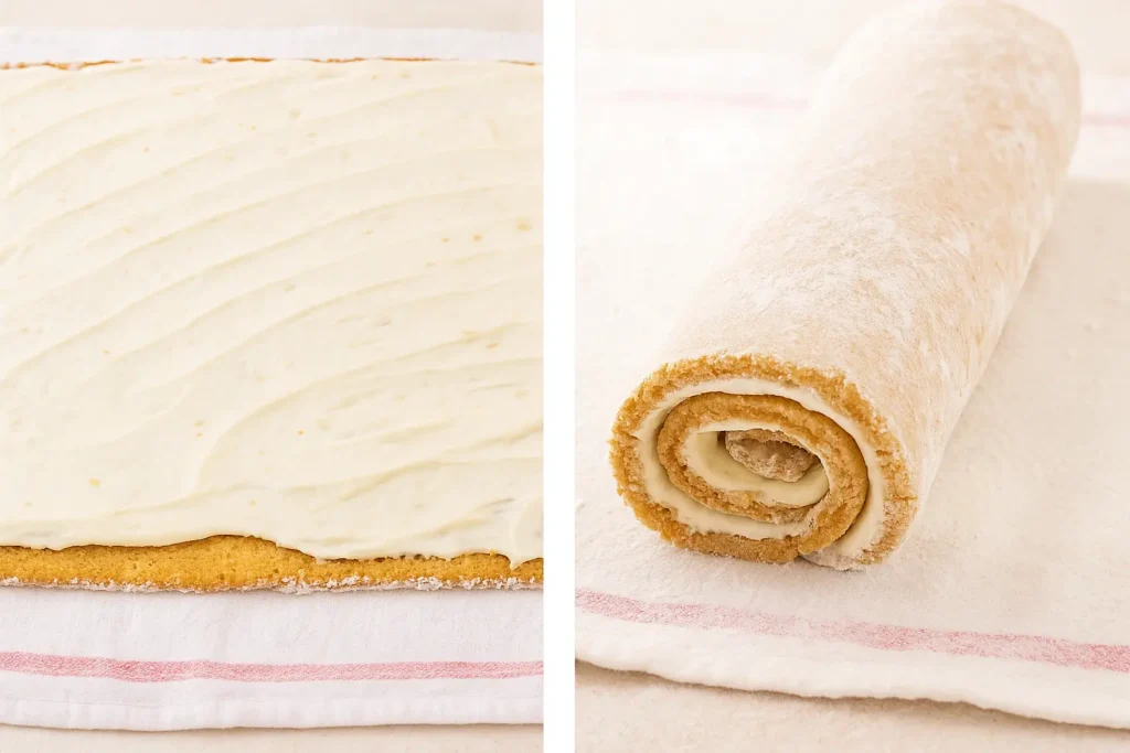 Pumpkin roll being prepared and rolled on a towel with cream cheese filling.
