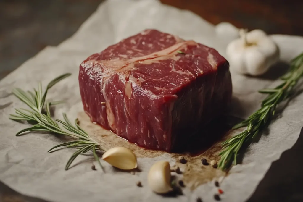 Raw Denver steak with visible marbling, ready for preparation.