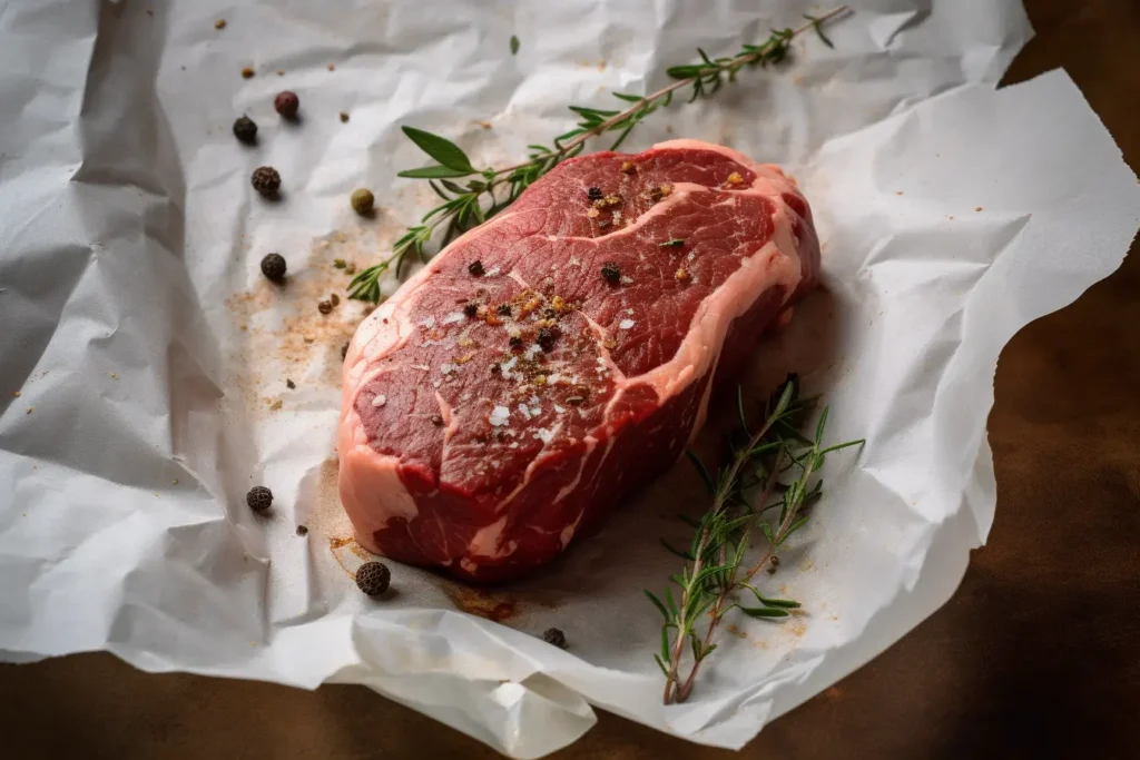 Raw Denver steak seasoned with salt, pepper, and herbs on parchment paper