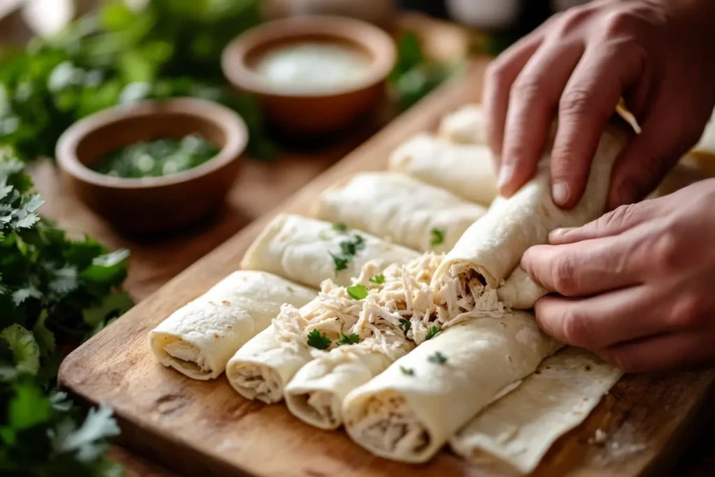 Hands rolling tortillas filled with shredded chicken on a wooden board, surrounded by fresh cilantro and bowls of salsa.