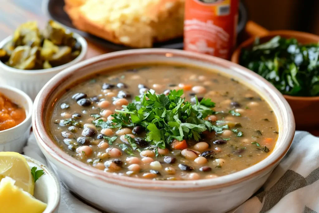 A bowl of black-eyed pea soup surrounded by cornbread, collard greens, and pickled vegetables, with garnishing options like hot sauce and lemon wedges