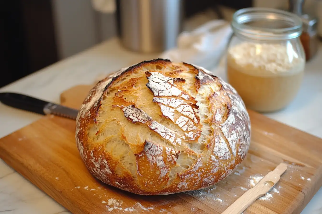 A freshly baked sourdough loaf on a wooden cutting board with a jar of sourdough starter in the background.