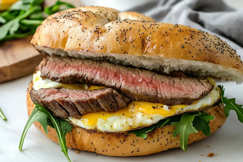 Close-up of a steak egg and cheese bagel with arugula and a poppy seed bun