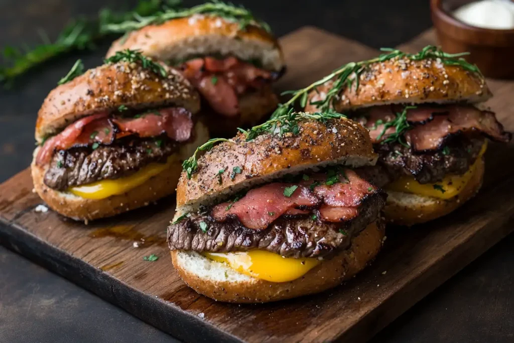 Gourmet steak egg and cheese bagels topped with bacon and fresh herbs on a wooden board