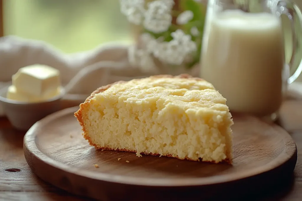 A slice of soft buttermilk cornbread on a wooden plate with a jug of buttermilk in the background.