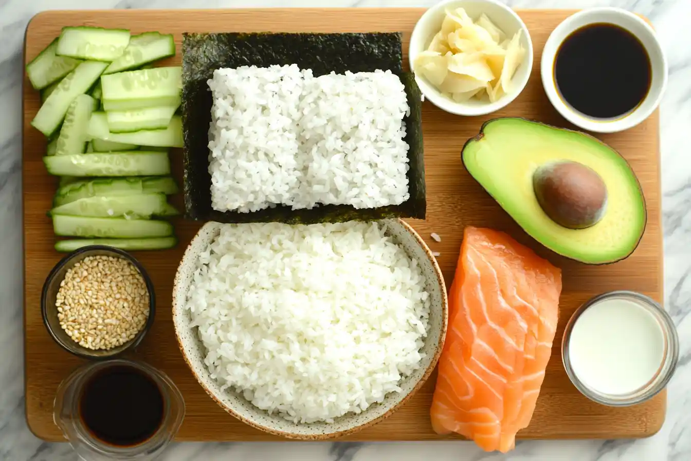 Fresh ingredients for an Alaska roll, including sushi rice, nori, salmon, crab meat, avocado, and cucumber, beautifully arranged on a wooden board.