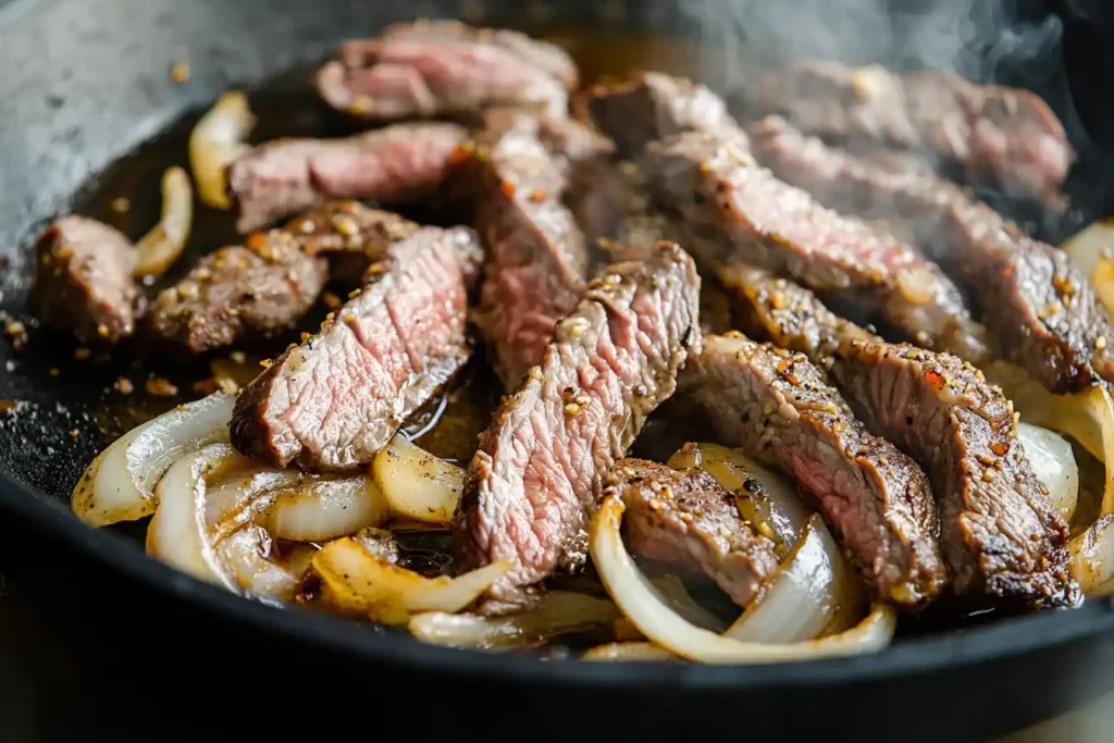 Sizzling beef and onions for authentic Philly cheesesteak flavor.