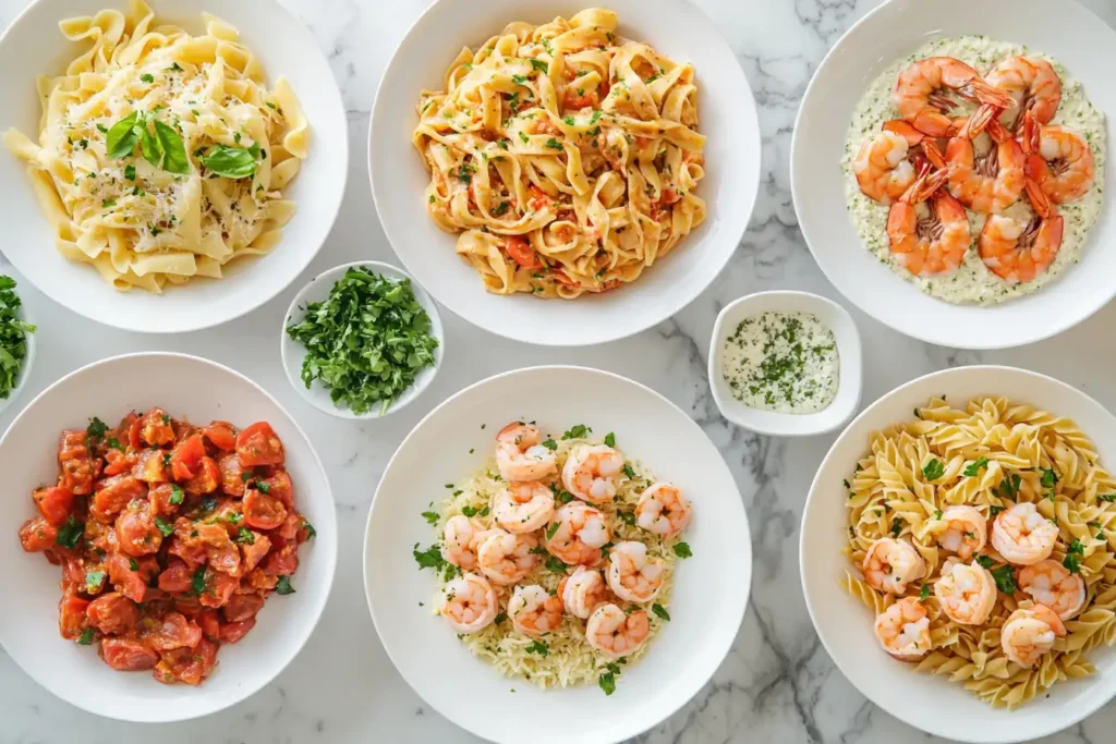 A variety of pasta dishes with shrimp, including fettuccine, fusilli, and creamy shrimp plates, beautifully plated on a marble table.