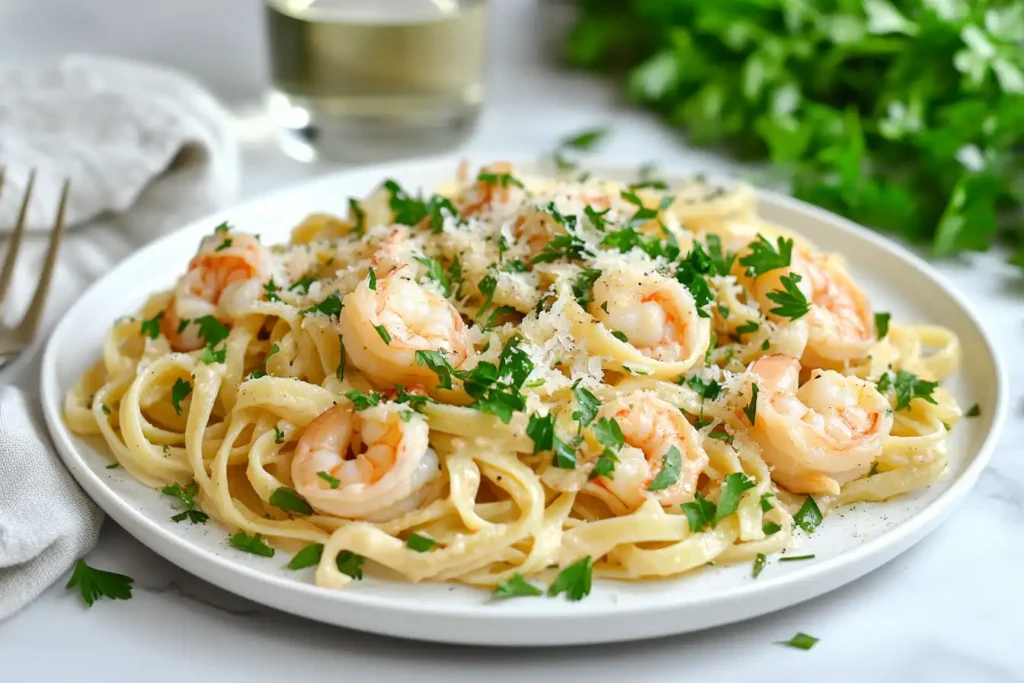 Shrimp fettuccine pasta with creamy sauce, garnished with parsley and parmesan, beautifully plated on a white dish