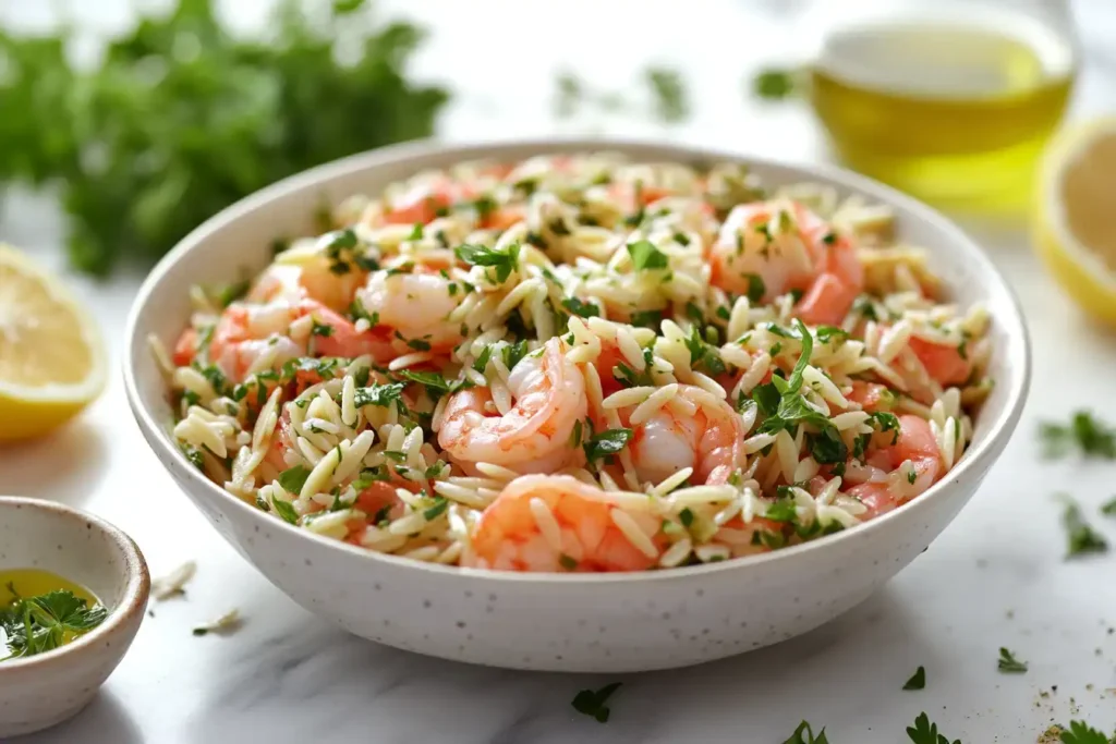 Orzo shrimp salad with fresh herbs and citrus dressing, served in a white bowl for a light and refreshing dish