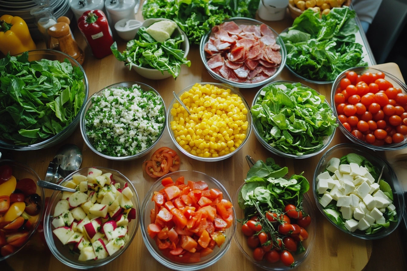 A variety of fresh salad ingredients arranged in bowls, showcasing the 5 basic types of salads.