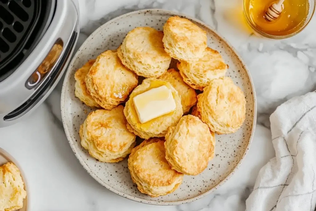 Air fryer biscuits with butter and honey on a plate 