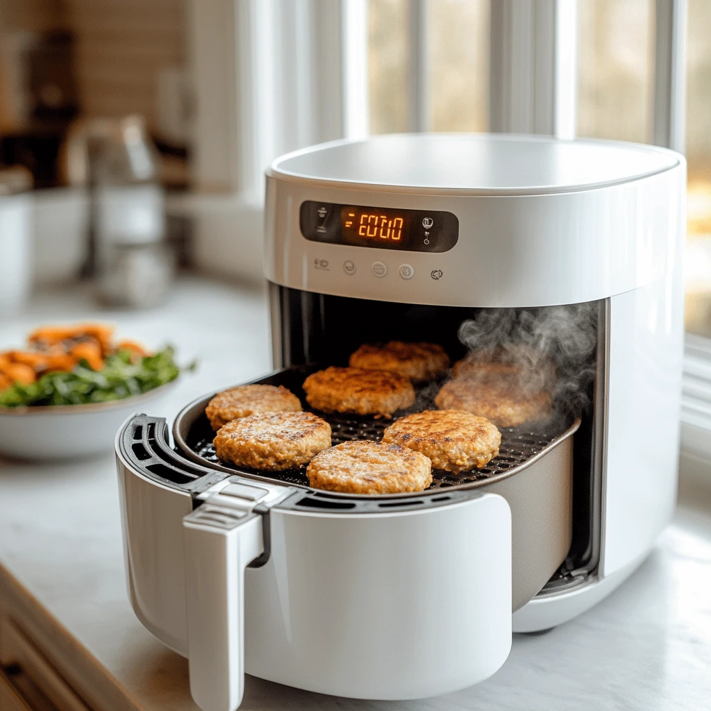 Modern air fryer cooking turkey patties with steam rising, highlighting even cooking